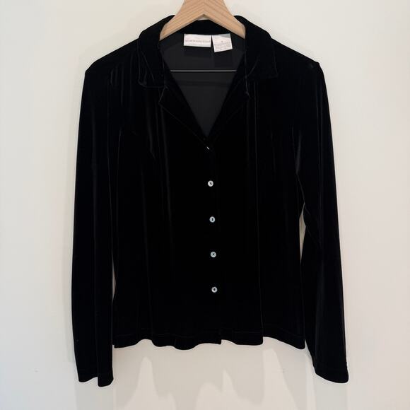 90s Style Velvet Blouse Size 10 Black Button Down - Picture 3 of 11